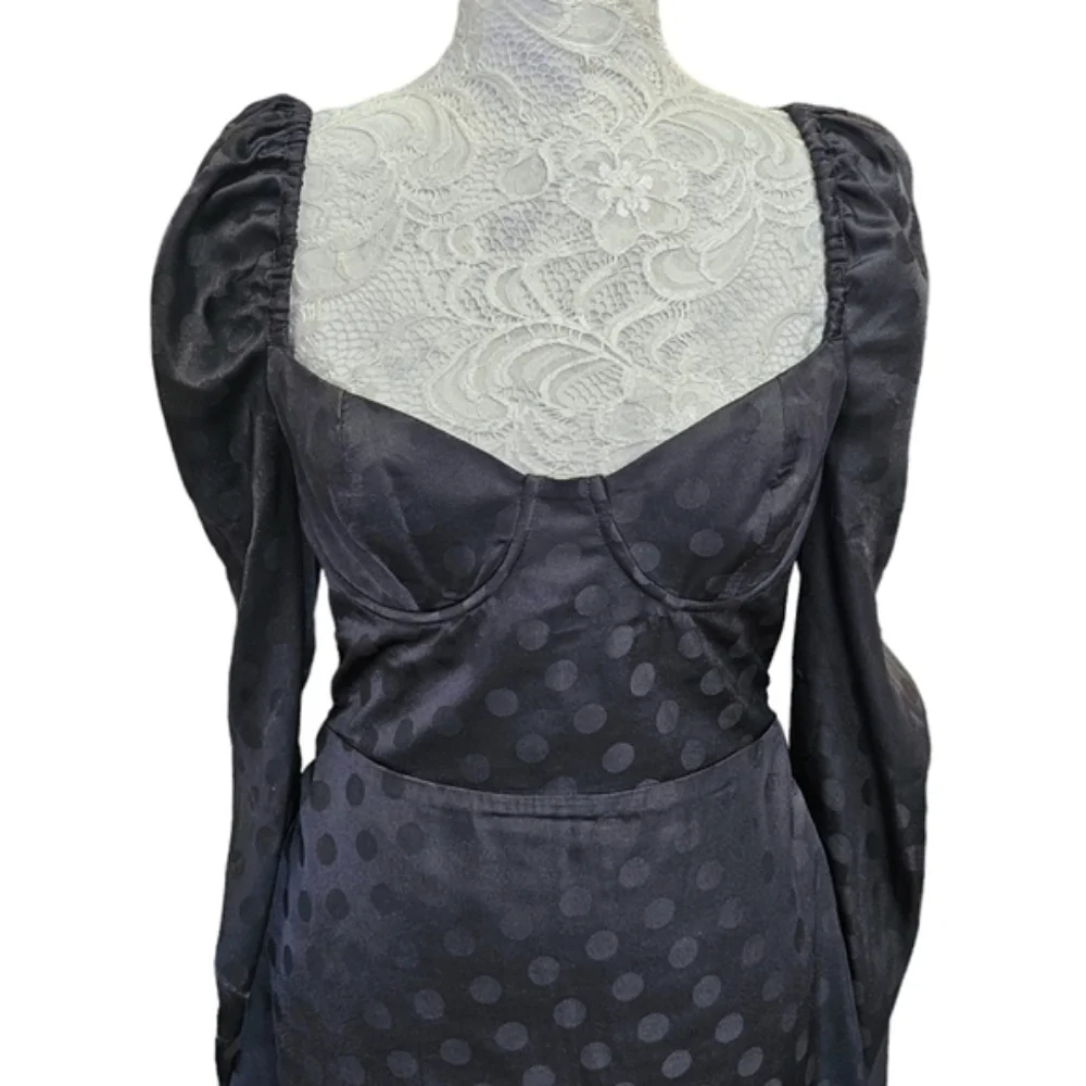 Lovers + Friends Katri Jacquard Puff Sleeve Cocktail Polka Dot Dress Black Med - Picture 8 of 12